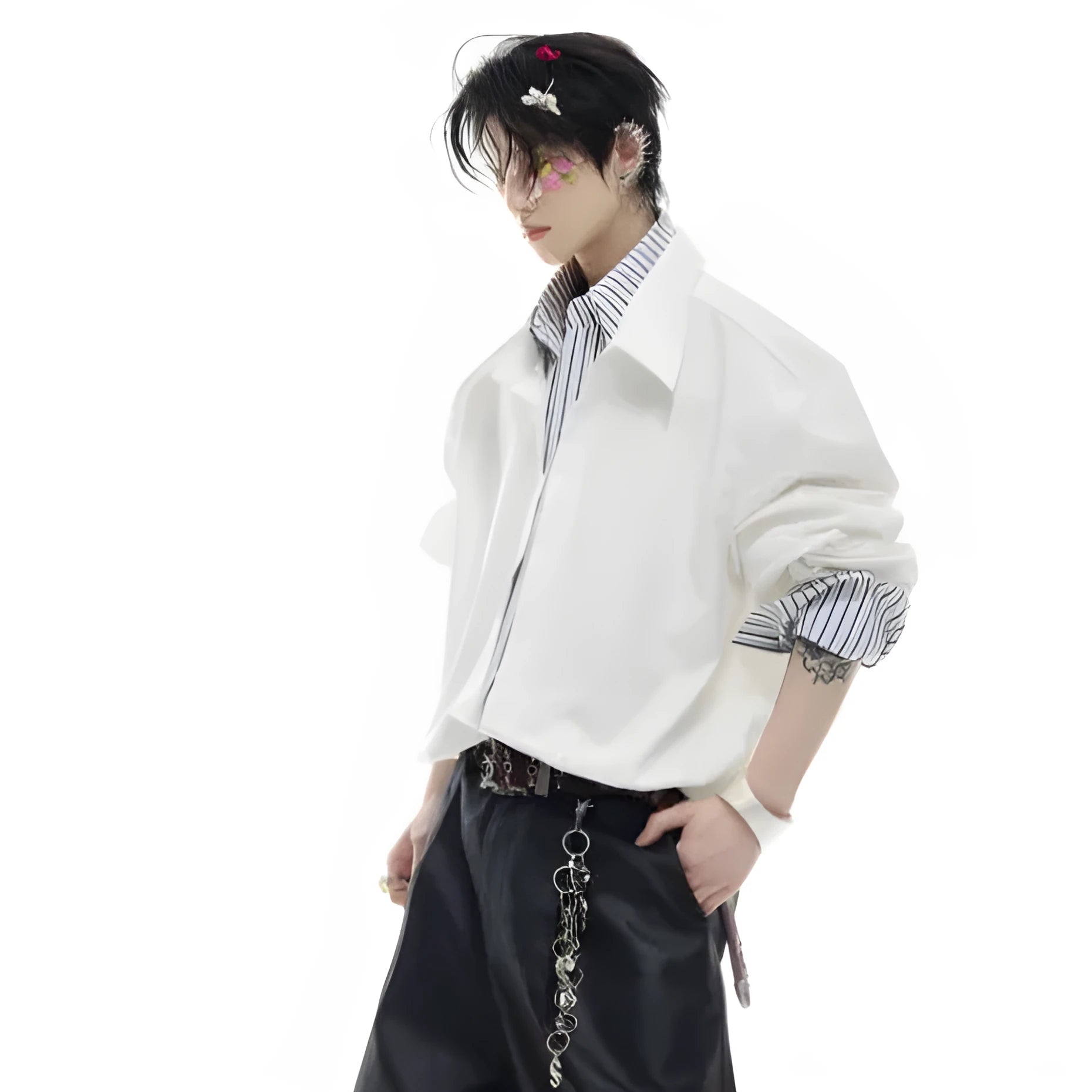 Men's loose fit striped contrast patchwork shirt top with bright thread decoration, water-washed polyester, long sleeves, available in multiple colours