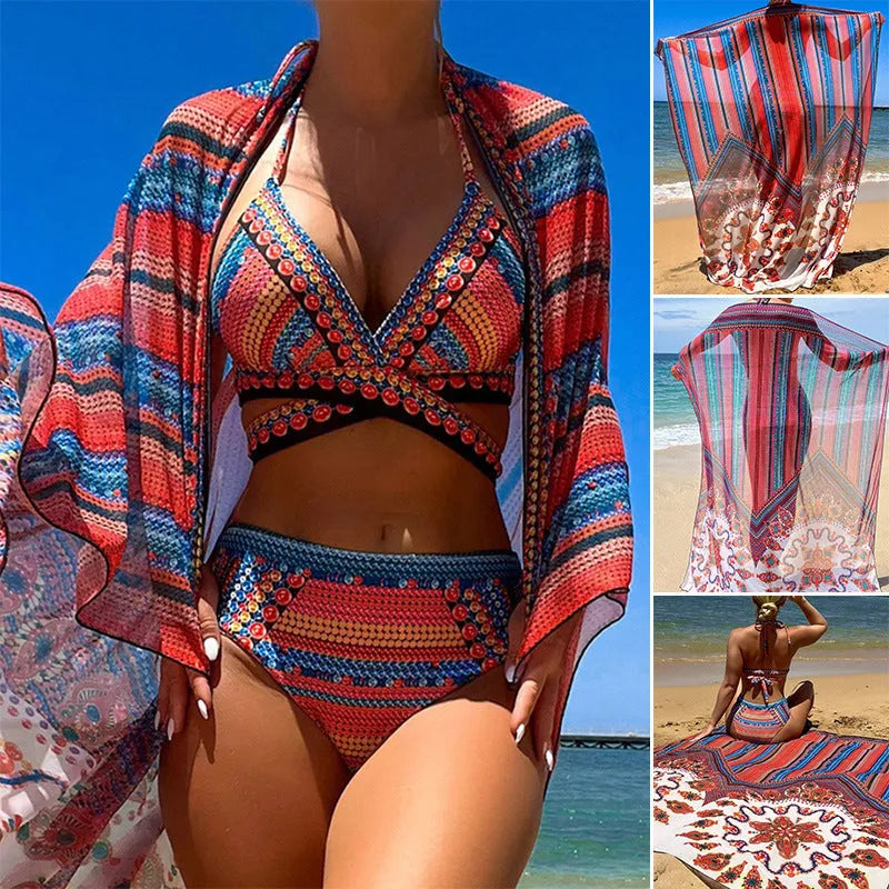 Women's three-piece swimsuit set showing high-waisted briefs, sleeveless cutout top, and coordinating coat