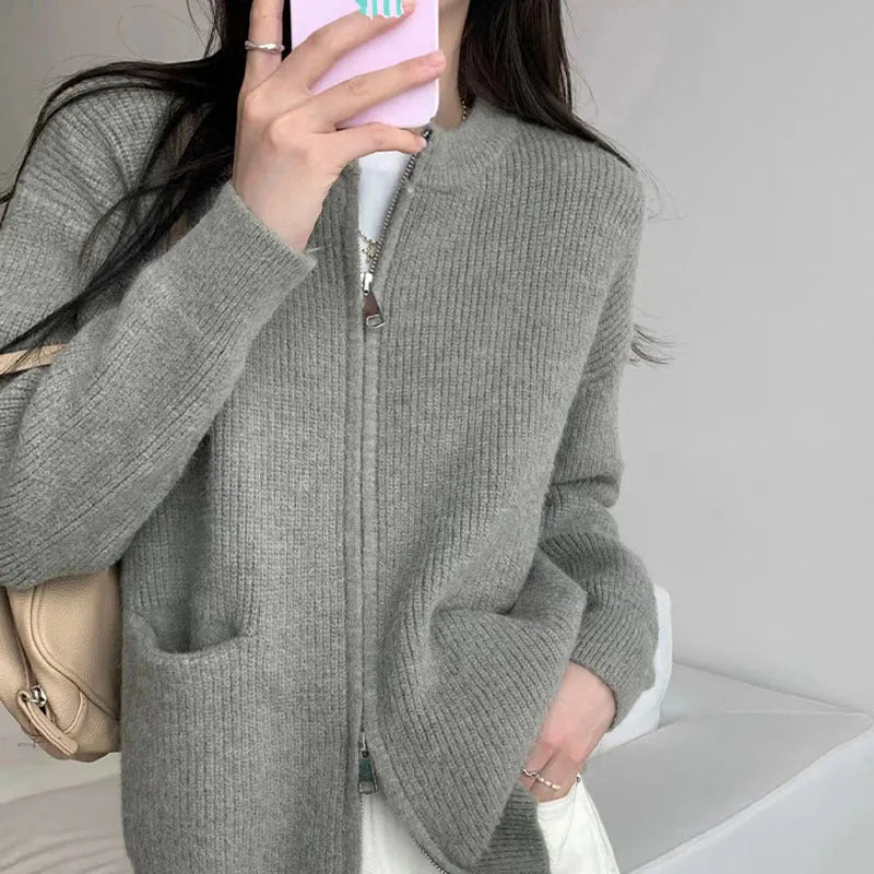 Beige soft wind glutinous sweater coat cardigan with long sleeves on hanger