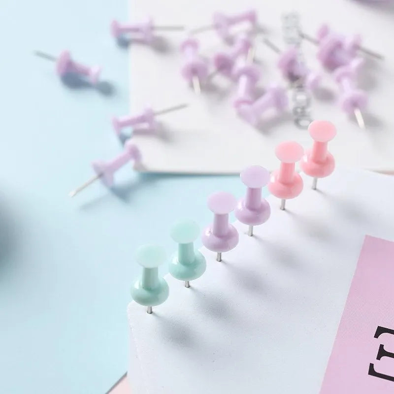 Boxed set of macaron-coloured plastic push pins in cherry blossom pink, mint green, and lavender, showing large and small sizes.