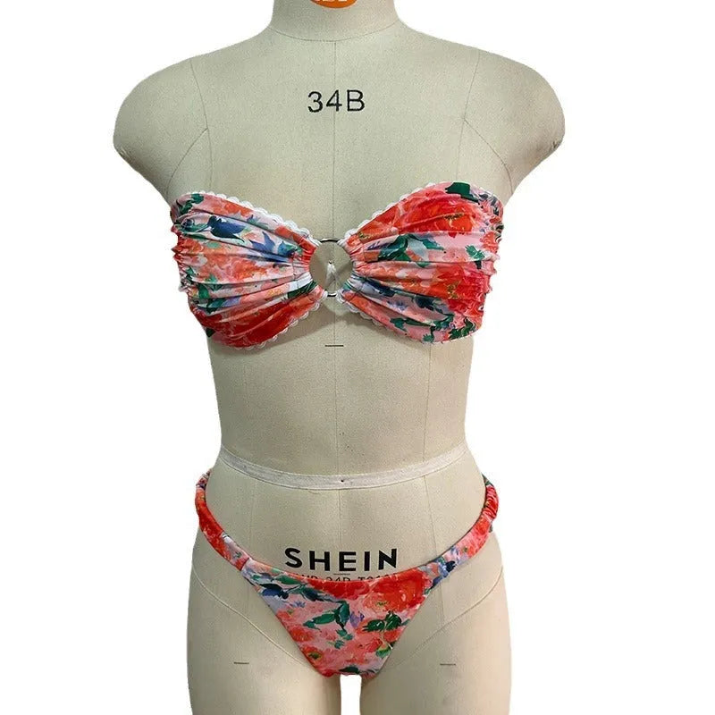 Floral print tube top and lace briefs bikini set in polyester fabric for swimming
