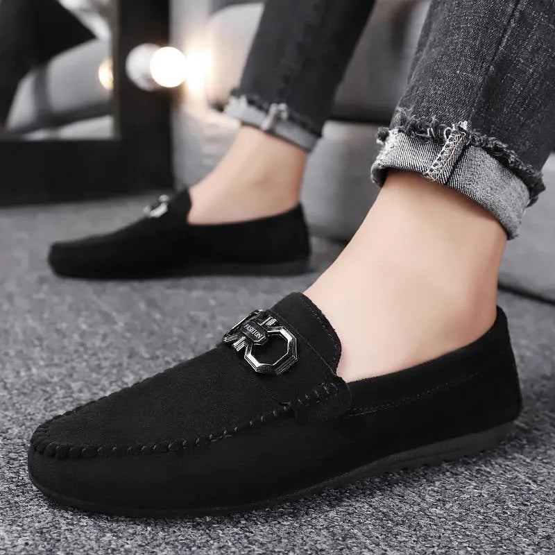 Men's black and grey casual shoes with suede and leather uppers and rubber soles