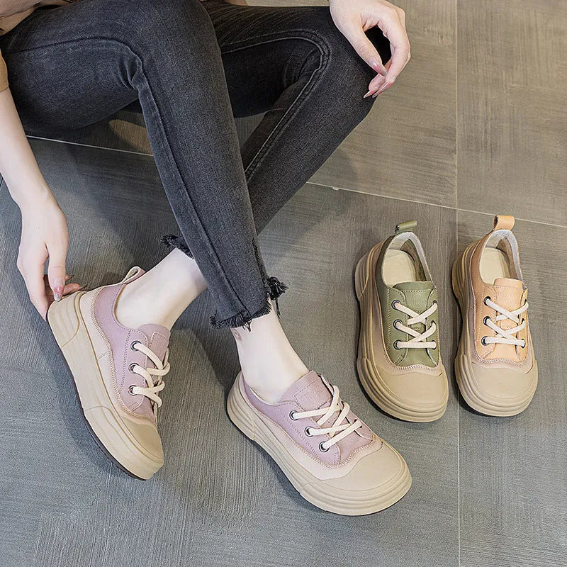 Women's genuine cowhide leather platform sneakers in matcha green, purple, and orange colours with lace-up front