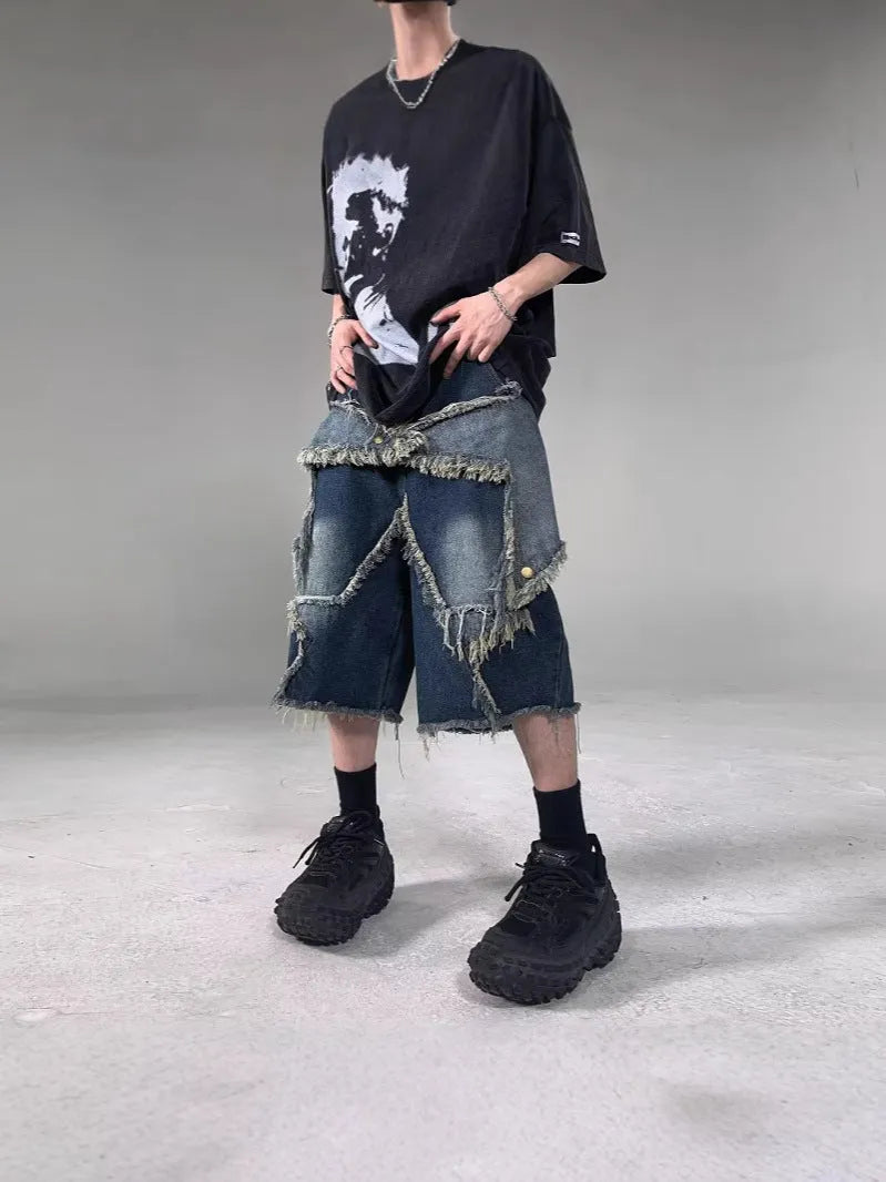 Men's blue retro denim shorts with frayed hem and five-pointed star design, loose fit with knee-length styling