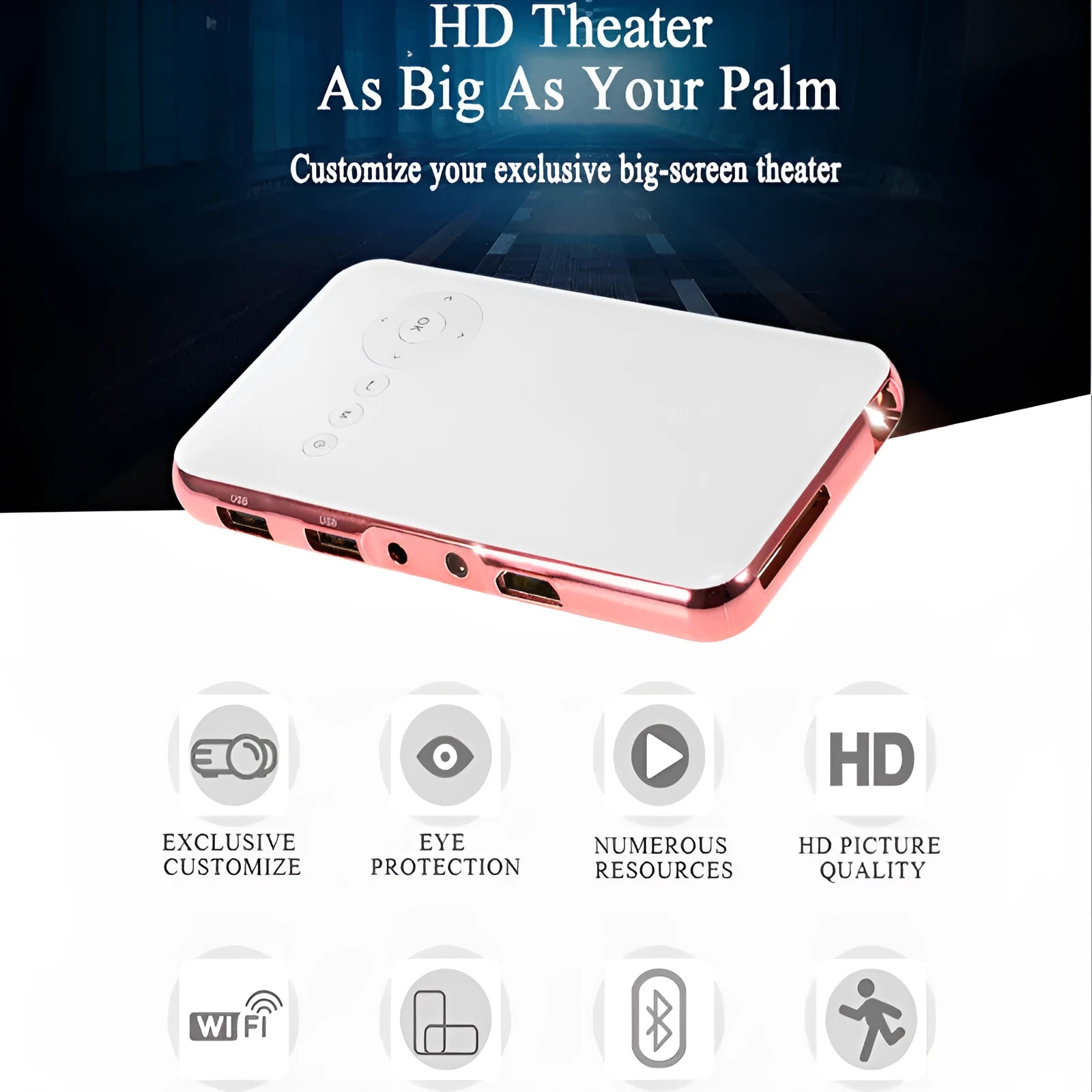 White and rose gold M6S mini portable DLP Android projector with compact dimensions