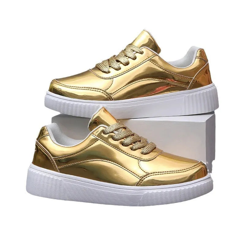 Rose gold and gold sequined platform sneakers with thick soles and round toe design