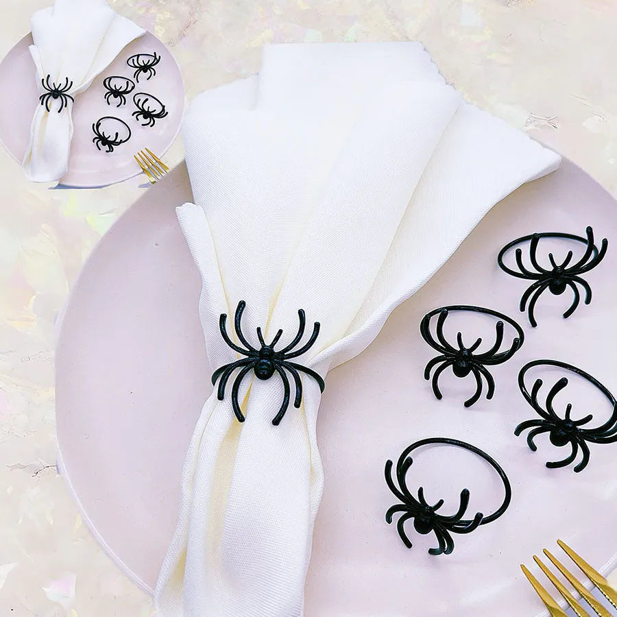 Six black spider design alloy napkin rings for Halloween table decoration