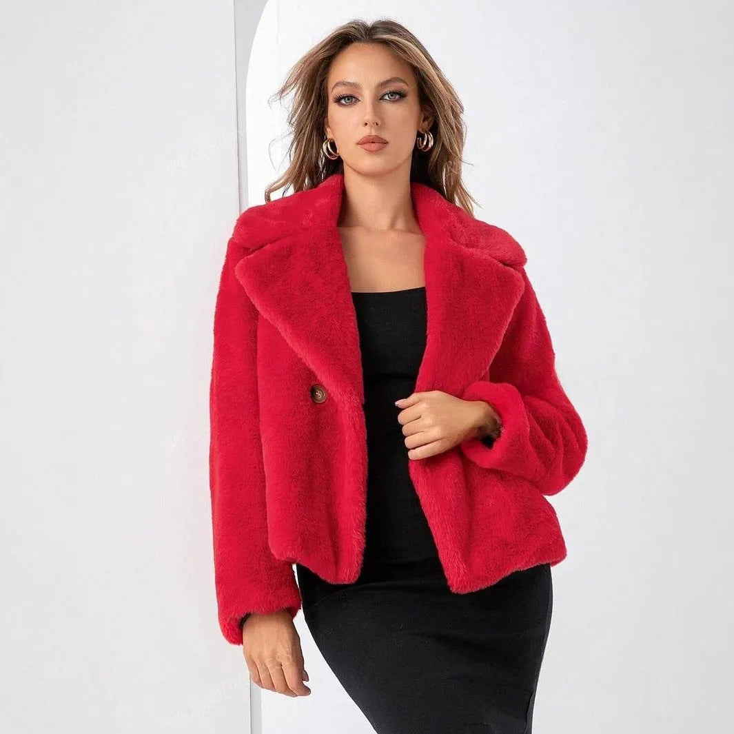 Women's loose-fitting short faux fur coat in rose red colour on a hanger.